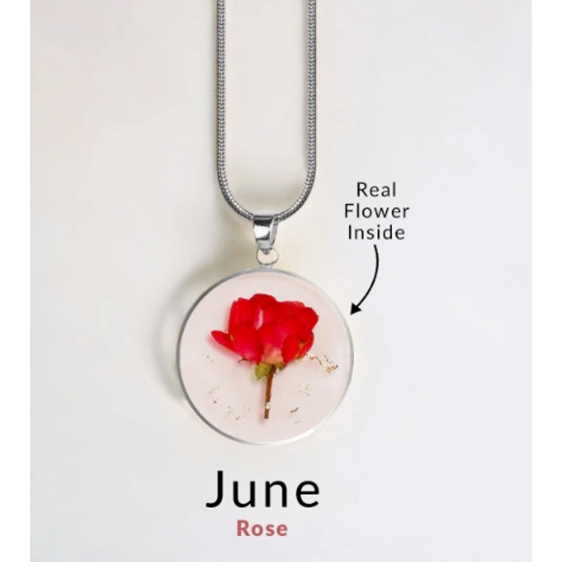 Mint & Lilly Pressed Birth Flower Necklace*June*Rose*Silver